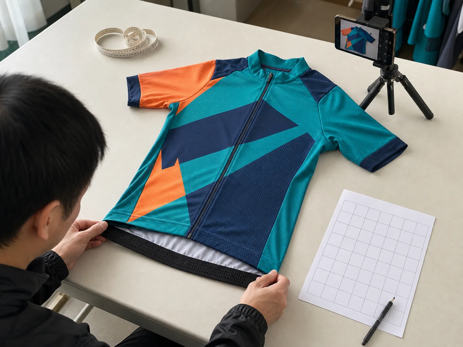 A garment laid flat on a table with a phone on a tripod aimed at it and a blank measurement grid alongside