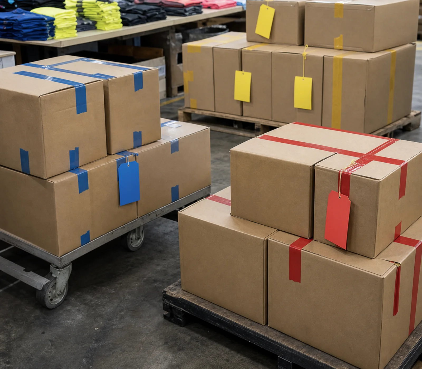 Groups of cartons separated by blue, yellow and red tape with plain untexted hangtags, folded garments on the bench behind
