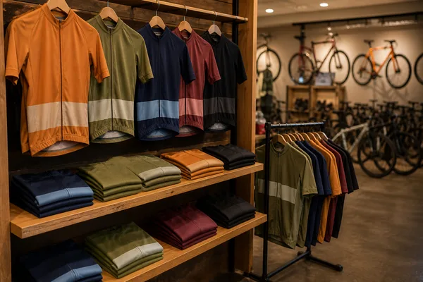 Jerseys hanging on a wooden shop rail with bicycles behind them