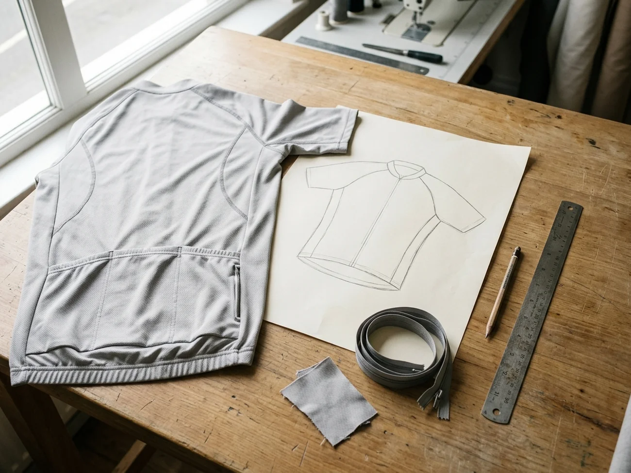A grey cycling jersey laid flat beside a line drawing of the same garment, a coiled zip and a spare panel piece