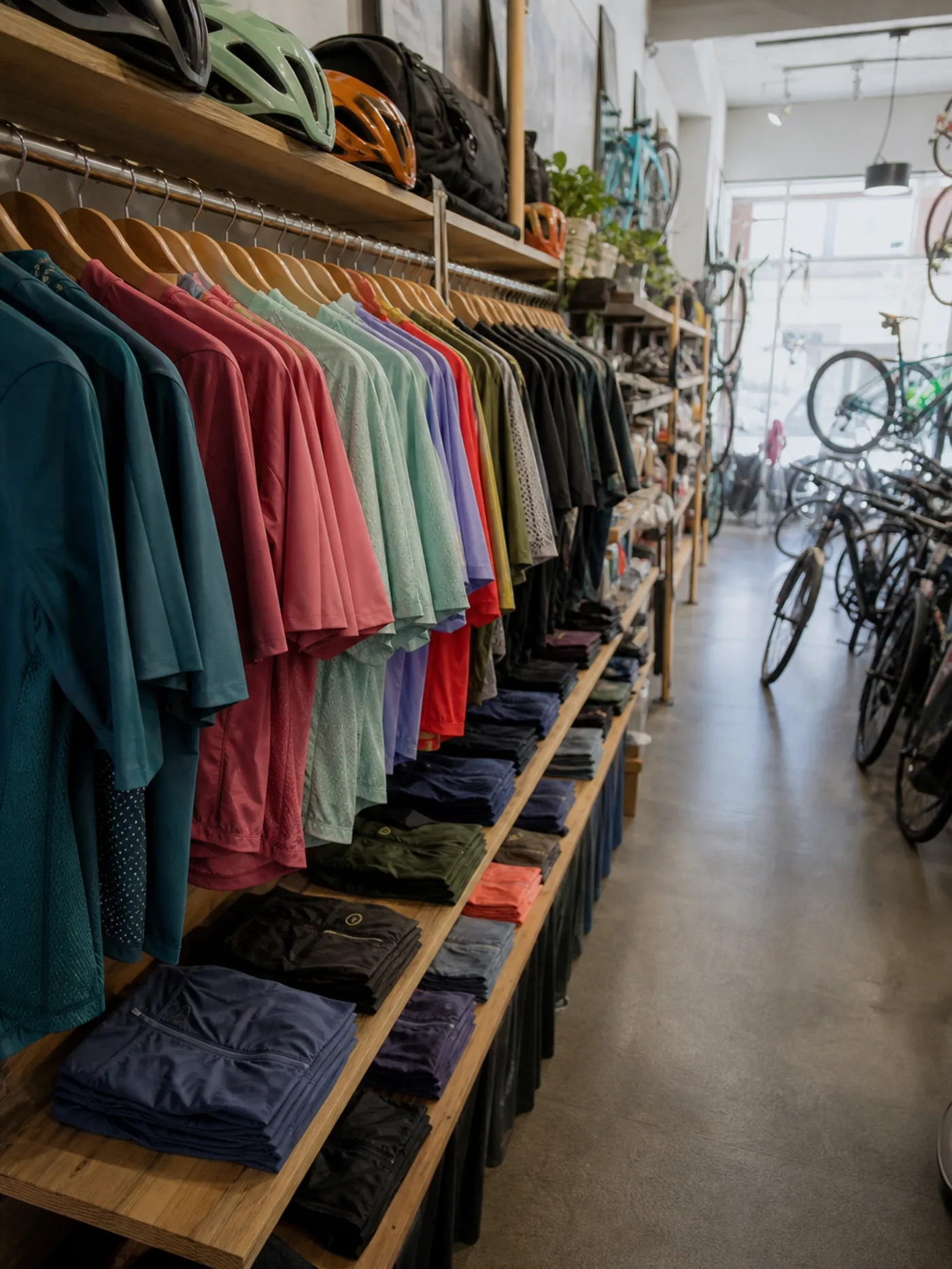 Cycling apparel displayed on a bike shop shelf