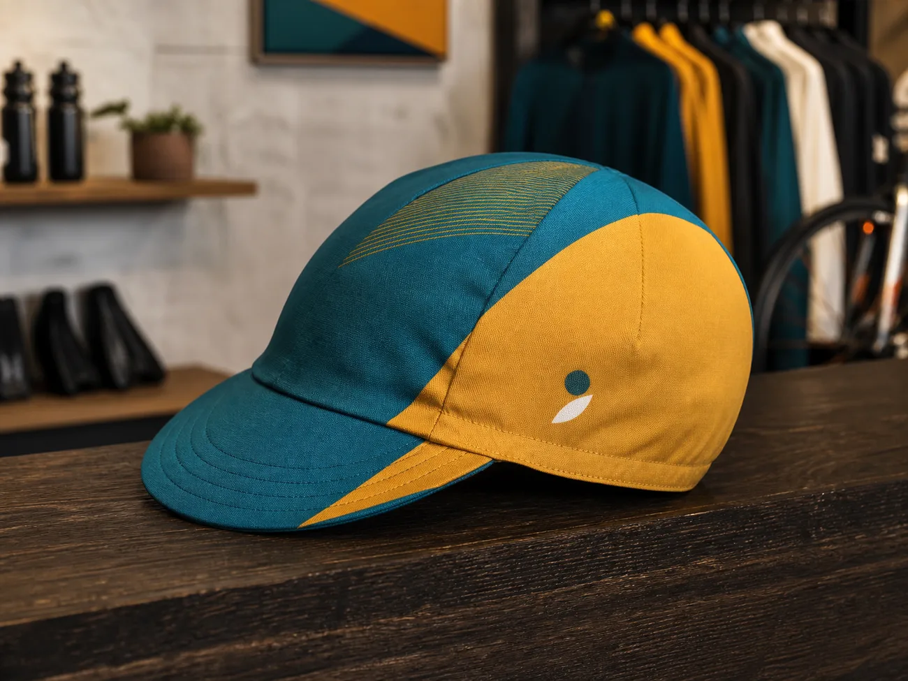 House-brand cycling cap mockup with a store's own mark