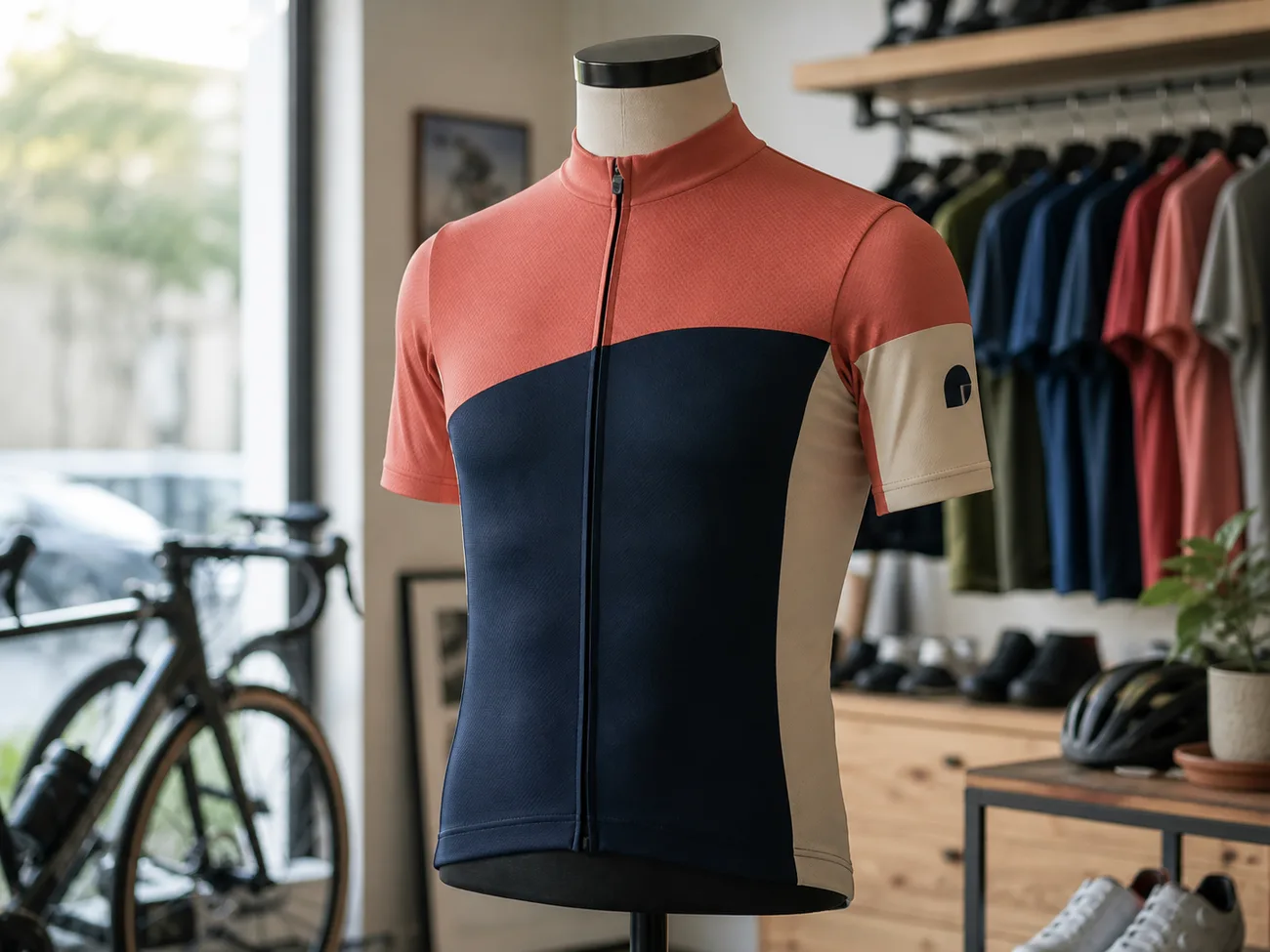 House-brand cycling jersey mockup with a store's own mark