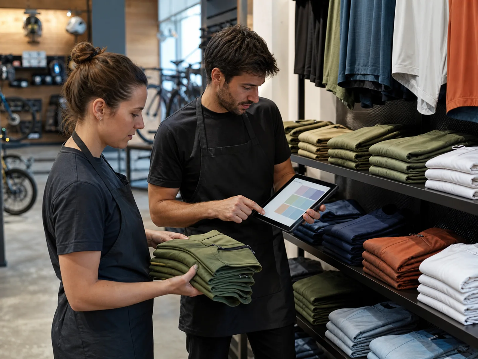 Bike shop staff reviewing restock levels against a shelf