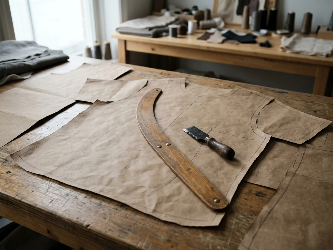 Kraft paper pattern pieces for a short-sleeve top spread across a workroom table with a curve ruler and a notching tool