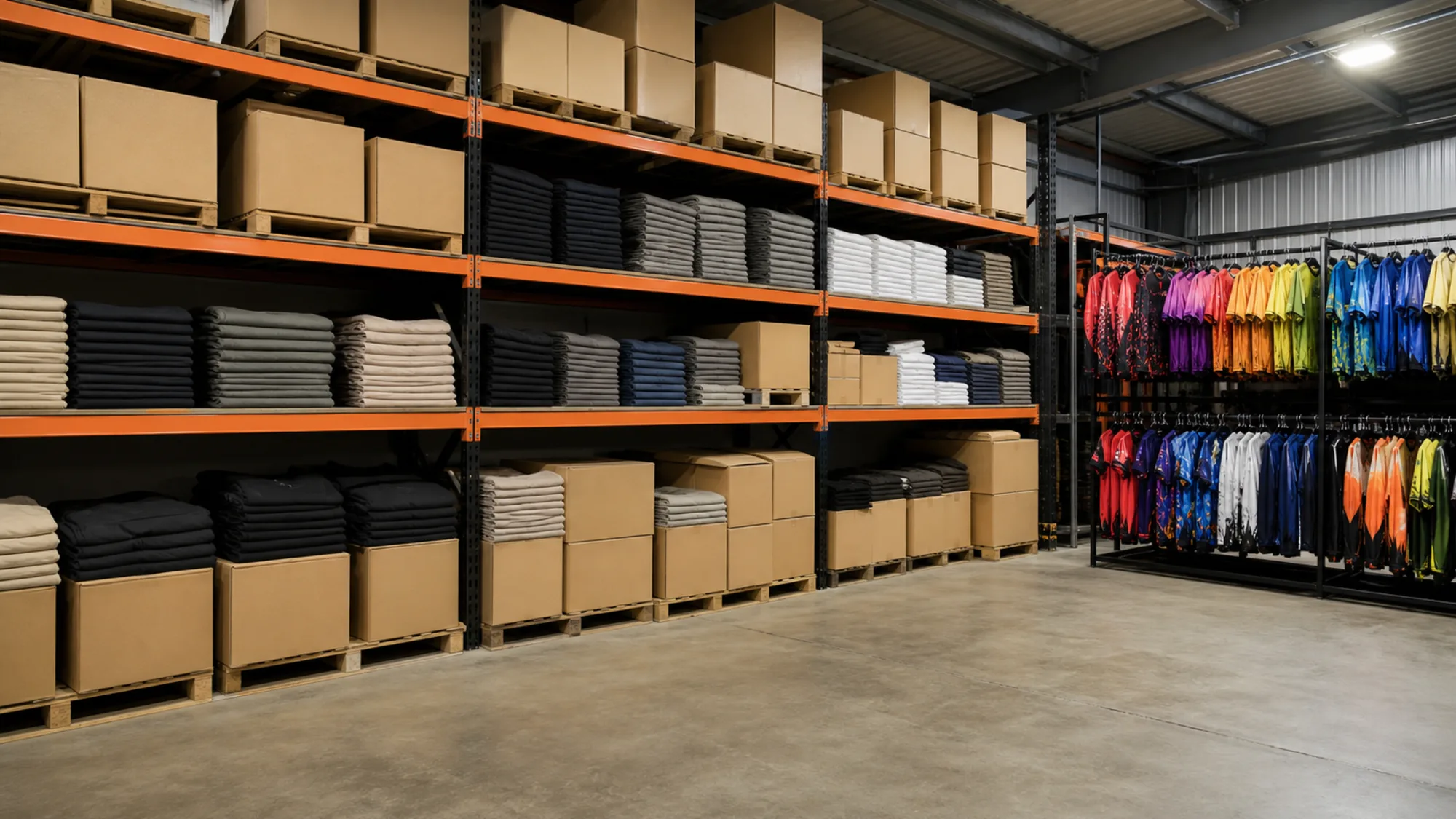 Warehouse racking with wholesale stock and a separate house-brand section