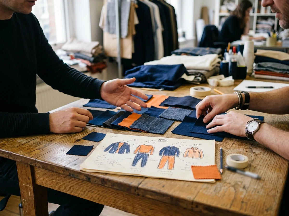 Two people across a table working through fabric swatches and a sketch sheet