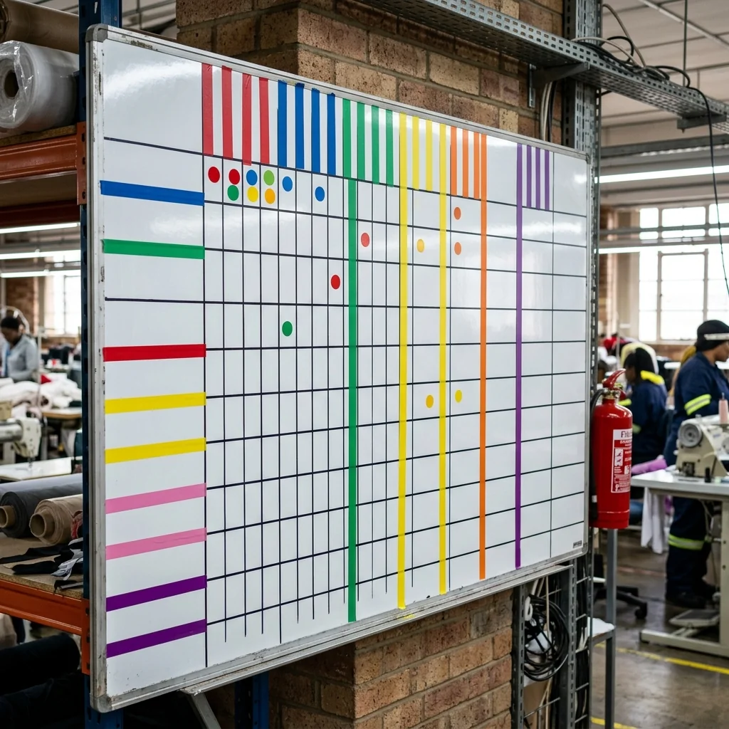 A planning whiteboard of coloured lanes on a factory wall