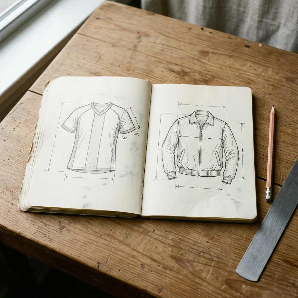 A sketchbook open on two technical garment drawings with dimension arrows