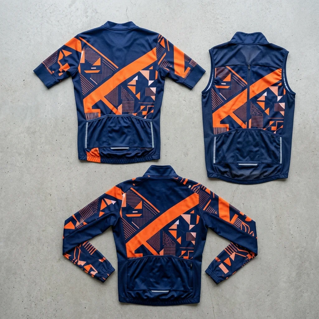A jersey, a vest and a jacket laid out together carrying the same artwork