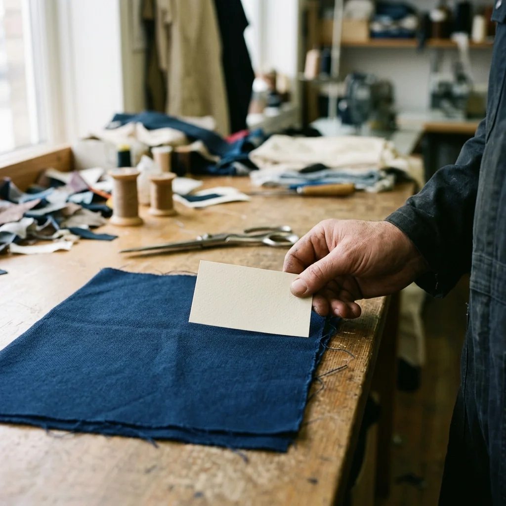 A hand holding a plain reference card against a navy fabric panel on a workbench