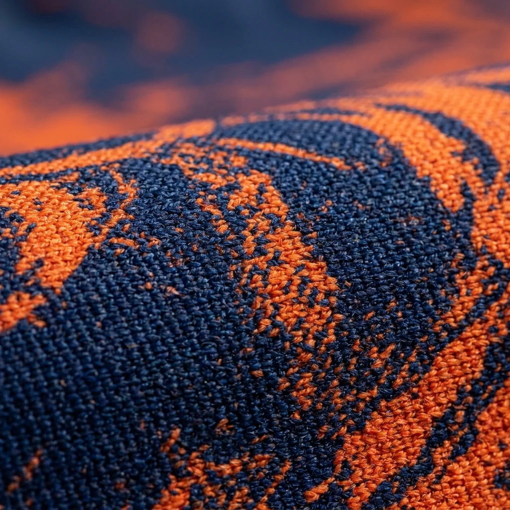 Macro of the same artwork on a dense mid-weight knit, edges holding cleanly