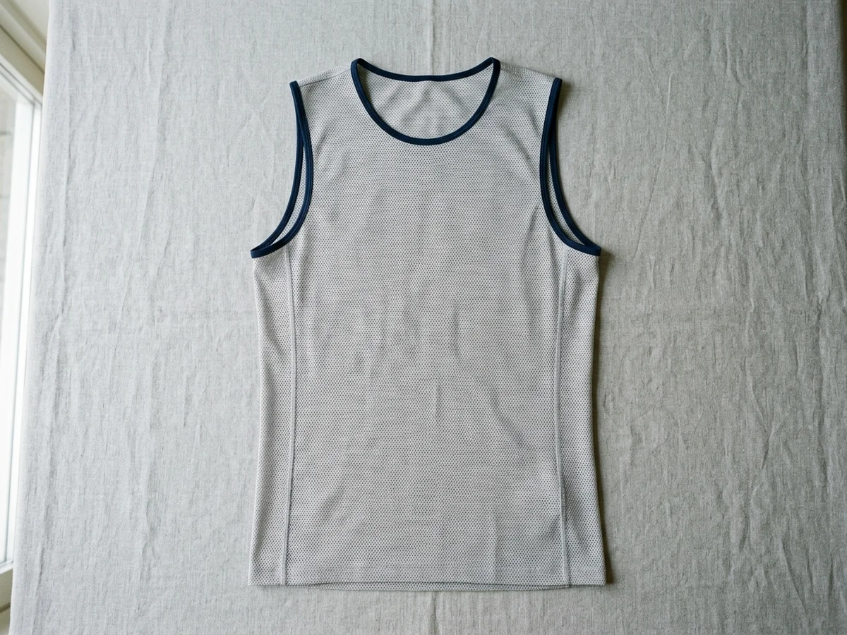 A sleeveless open-mesh cycling base layer laid flat on a plain surface