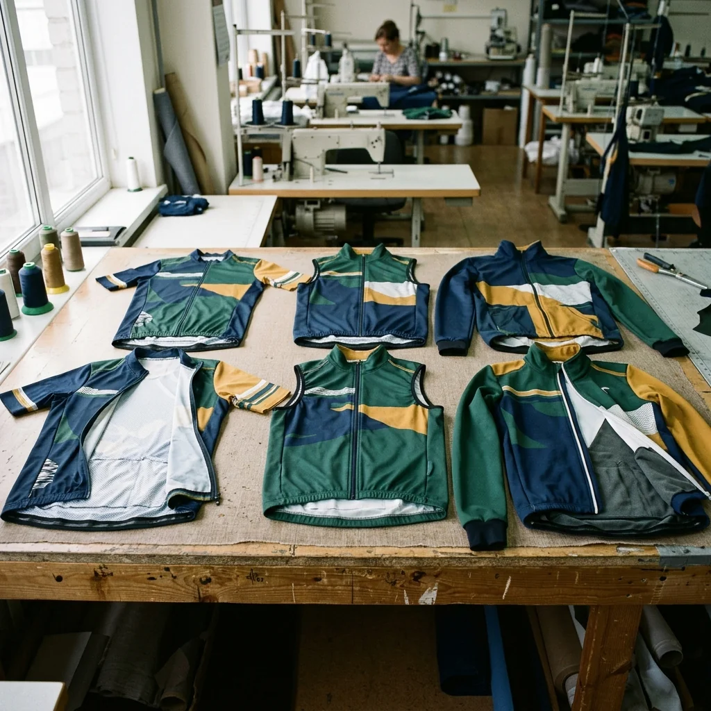 Six sample garments laid out together on a sample table for review