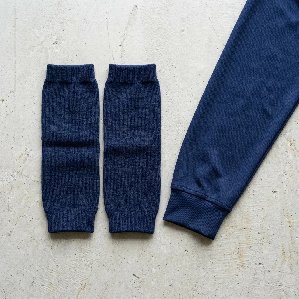 A pair of knit arm warmers laid beside a jersey sleeve in the same colour