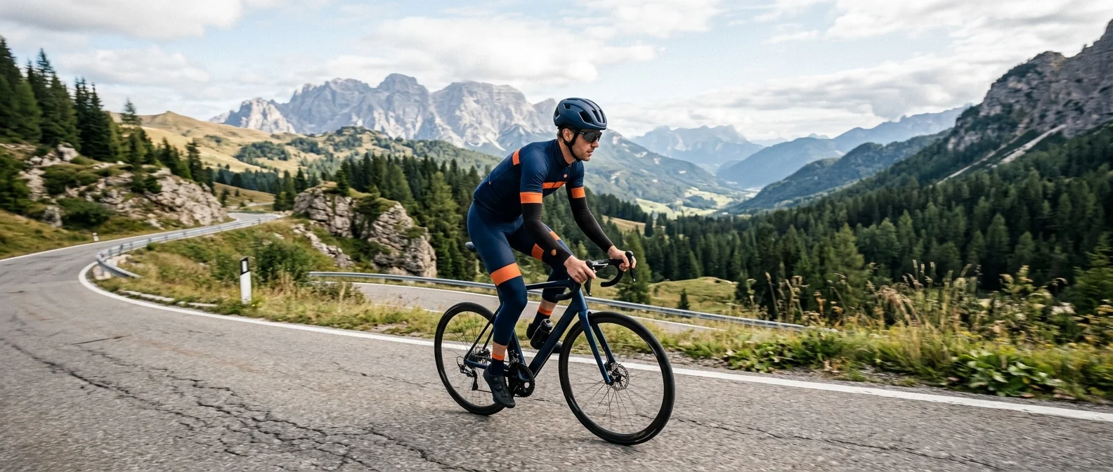 A rider on the drops with arm and leg warmers under a jersey and shorts