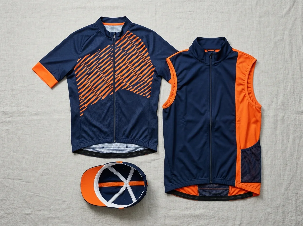A short-sleeve jersey, a vest and a cap laid out together on a linen ground