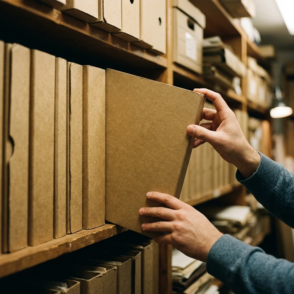 Hands drawing a plain kraft folder out from a shelf of archived files