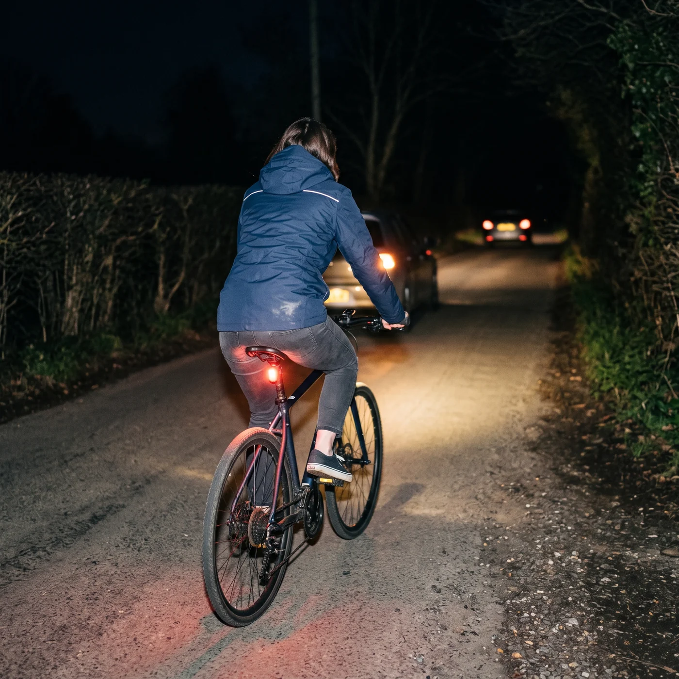An unlit road at night seen from behind a rider, where overtaking headlights first fall