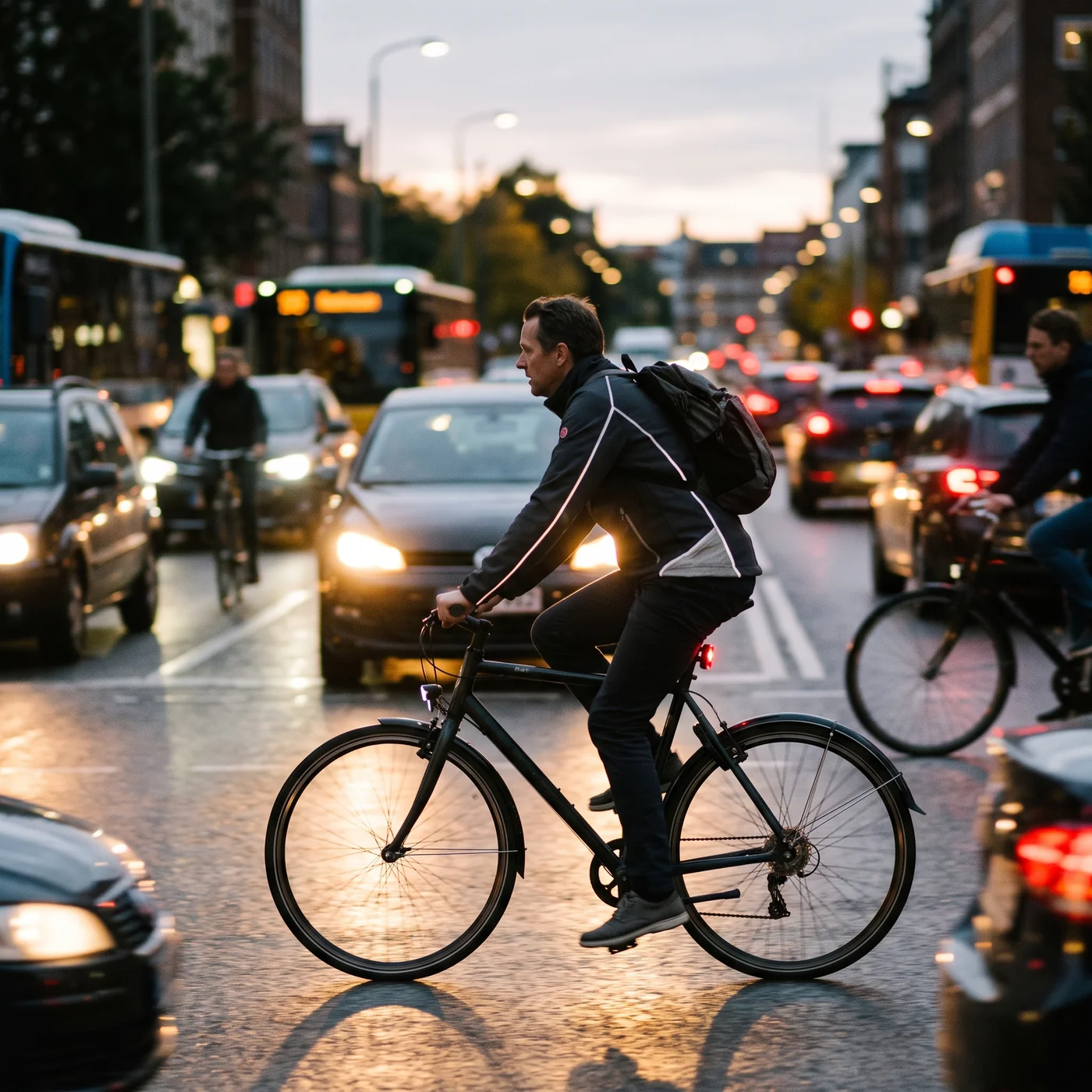 Riders moving through evening traffic where reflective material has to read from several angles at once