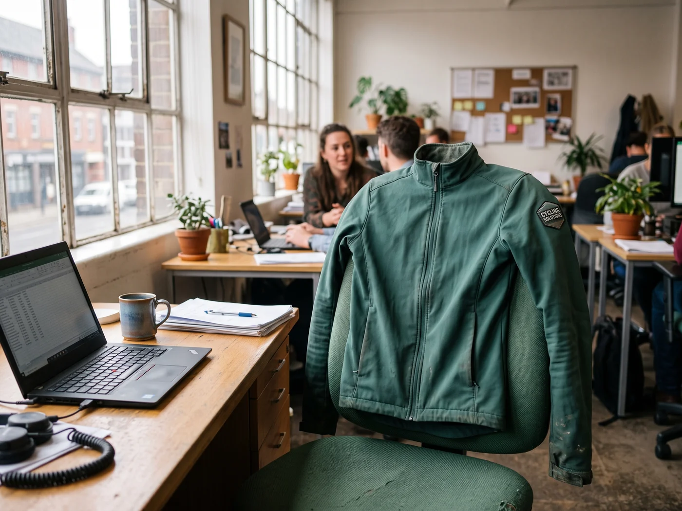 A workplace desk where a commuting garment spends the rest of its day
