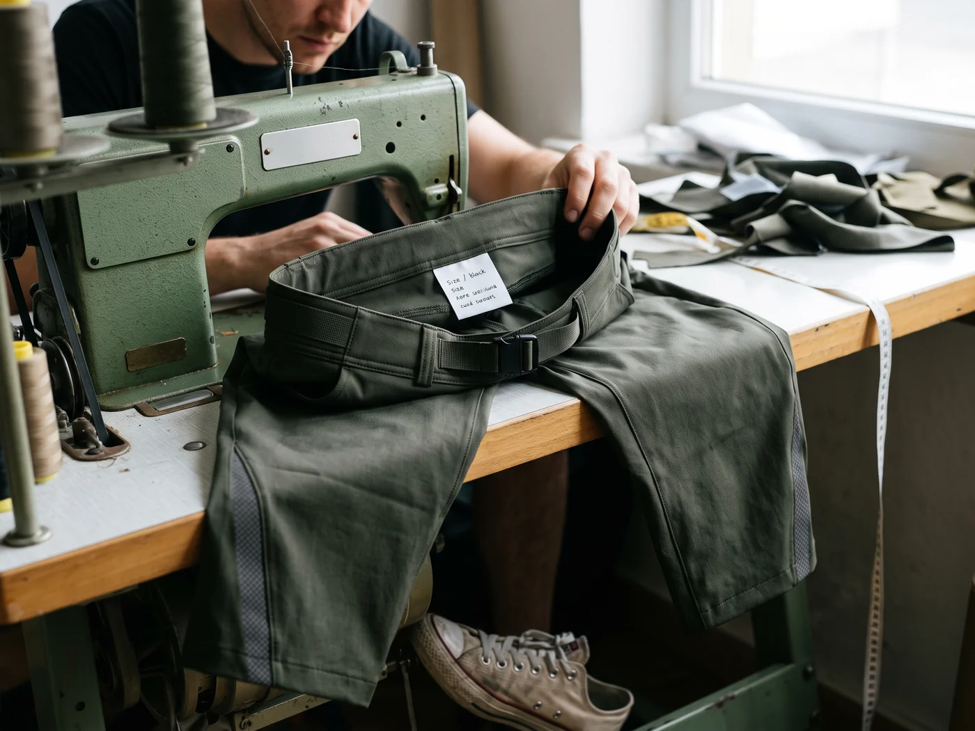 Custom commuter trousers with an engineered waistband and reflective detail at the ankle