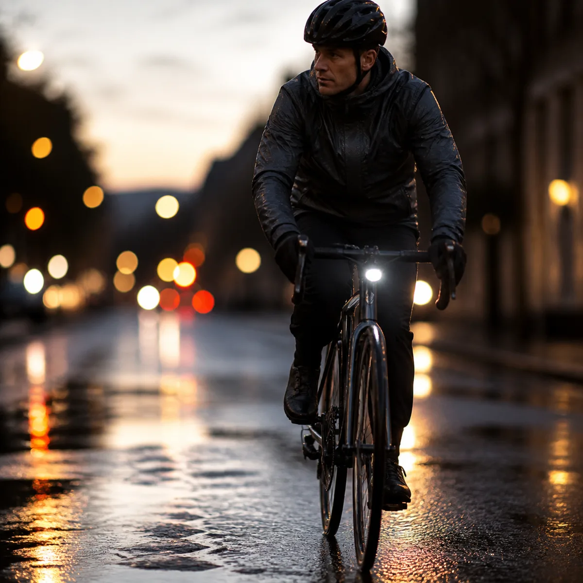 A wet road surface in rain, the condition a commuter outer layer is specified against