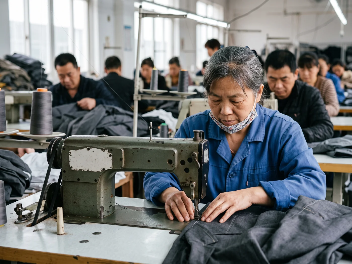 A machinist assembling a commuter garment on the production line
