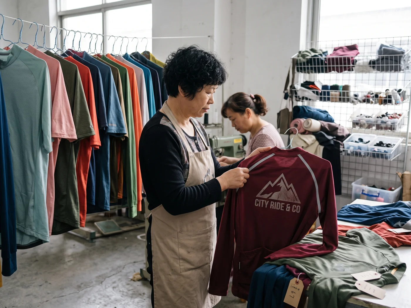 Laundered garments drying, where colour retention and decoration adhesion show up