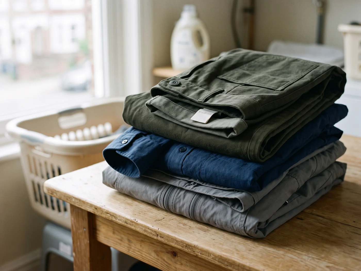 Folded commuter garments after laundering, cuffs and hems holding their shape
