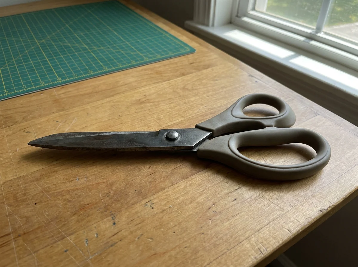 Fabric scissors on a cutting table