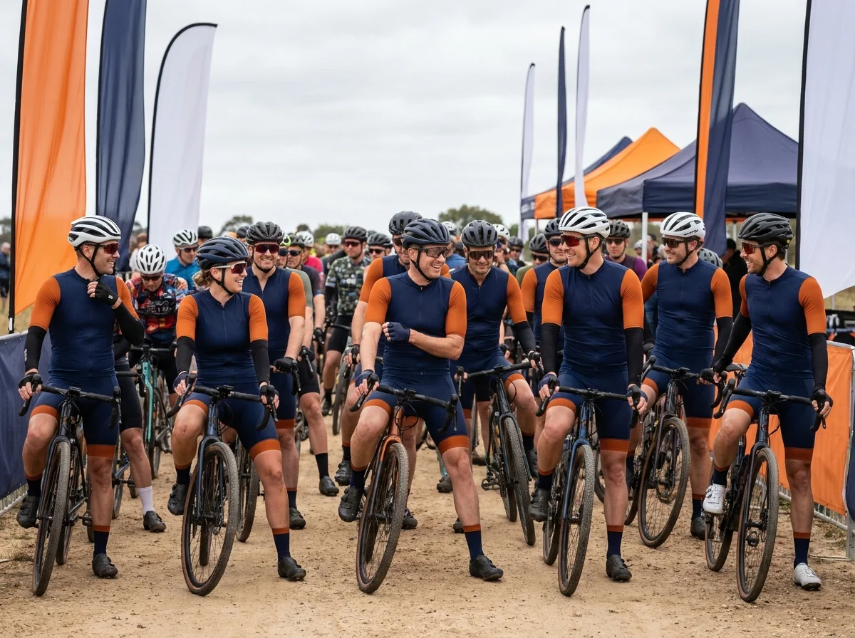 Field of riders in matching event kit gathered on a gravel start area
