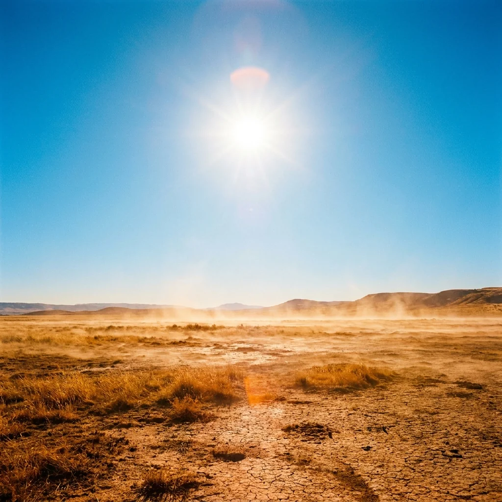 High sun over a dry, dusty exposed plain
