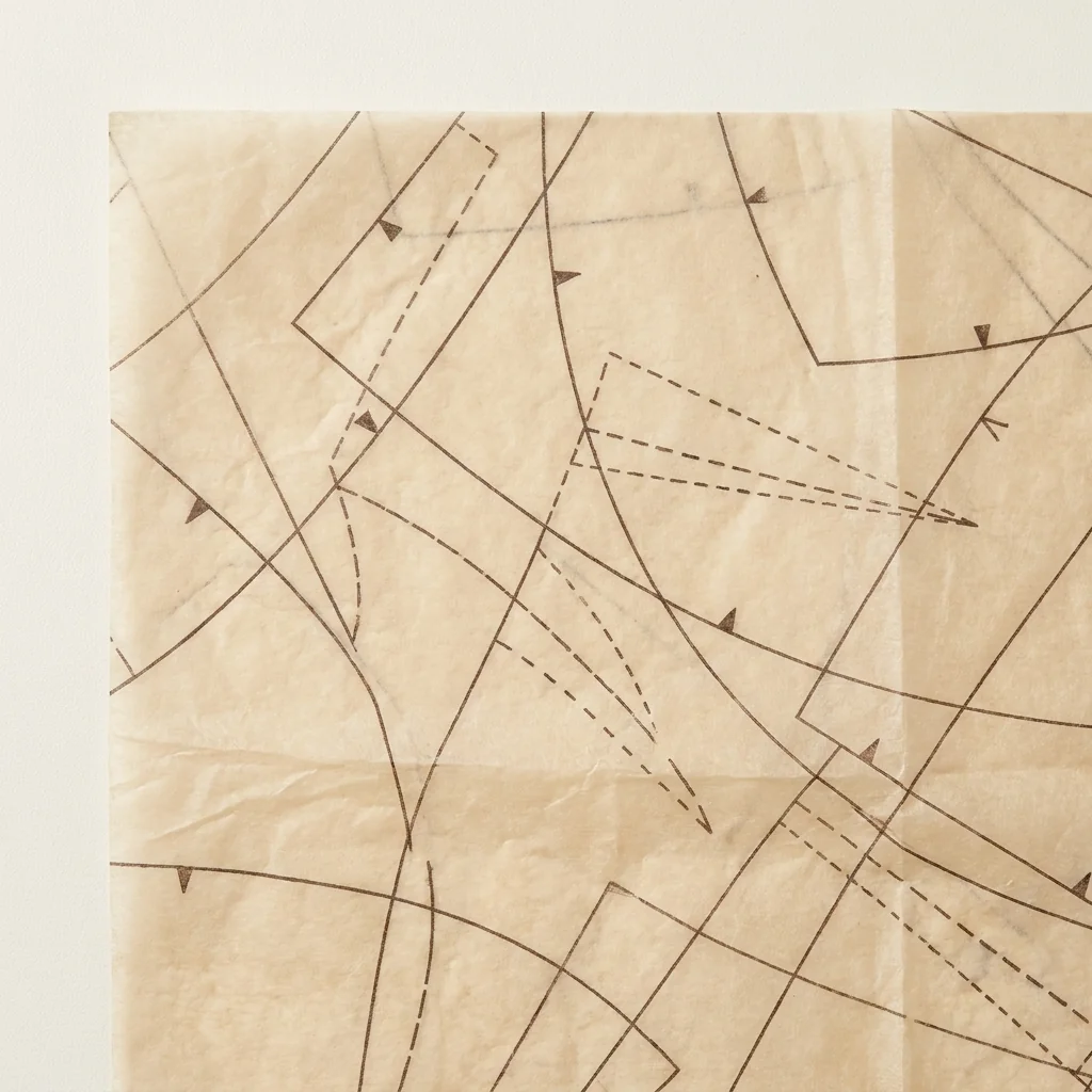 Paper pattern pieces marked with panel seams and notches