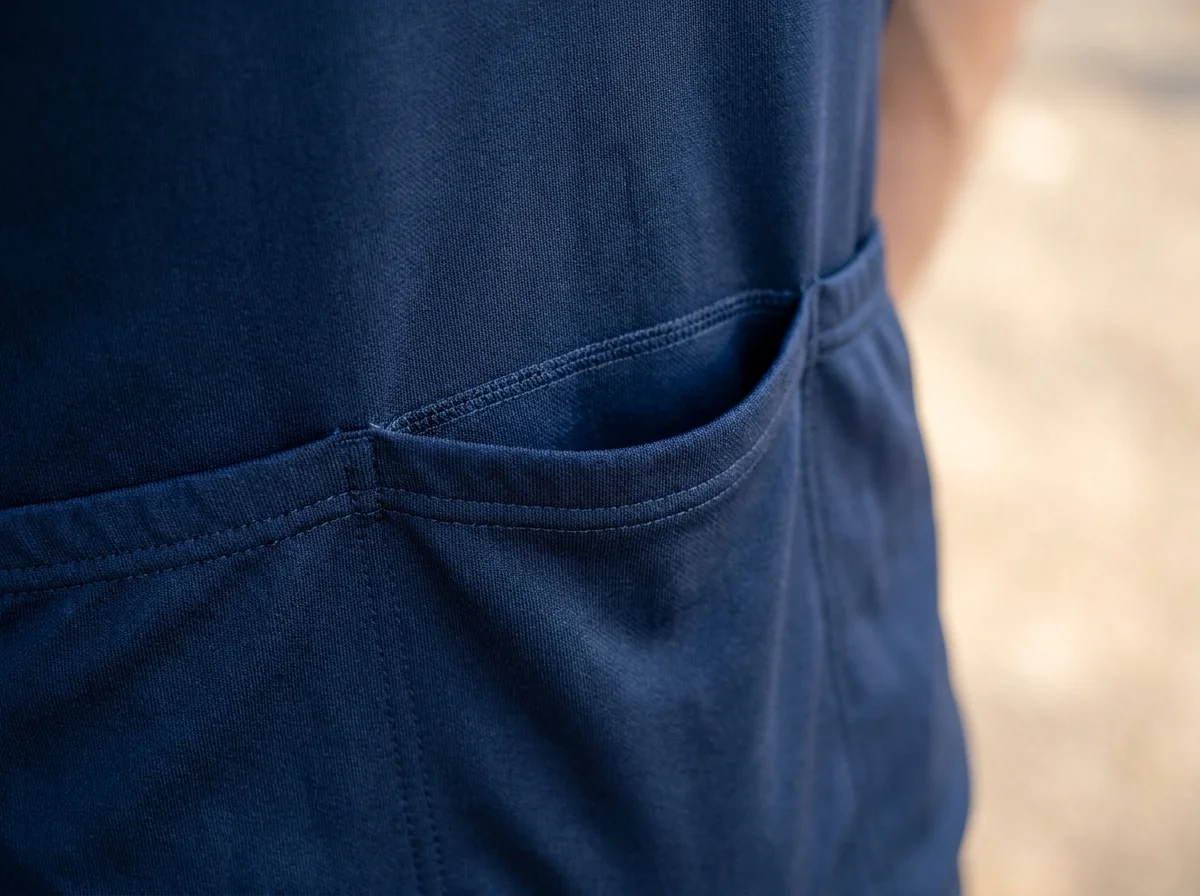 Rear pocket opening on a navy jersey, seen from the side