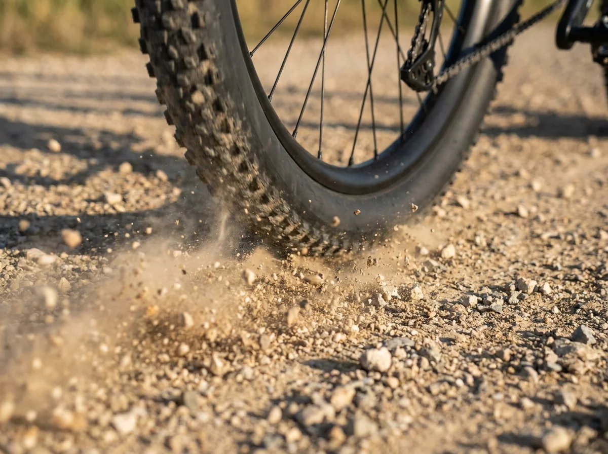 Rear wheel throwing grit and dust up off a dry gravel surface