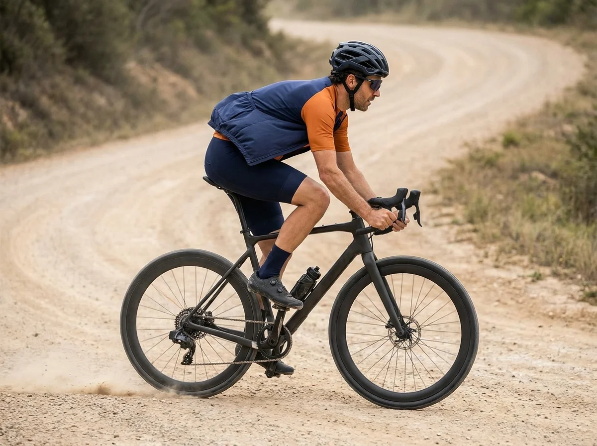 Rider noticeably more upright on a loose gravel road, weight shifting on the bike