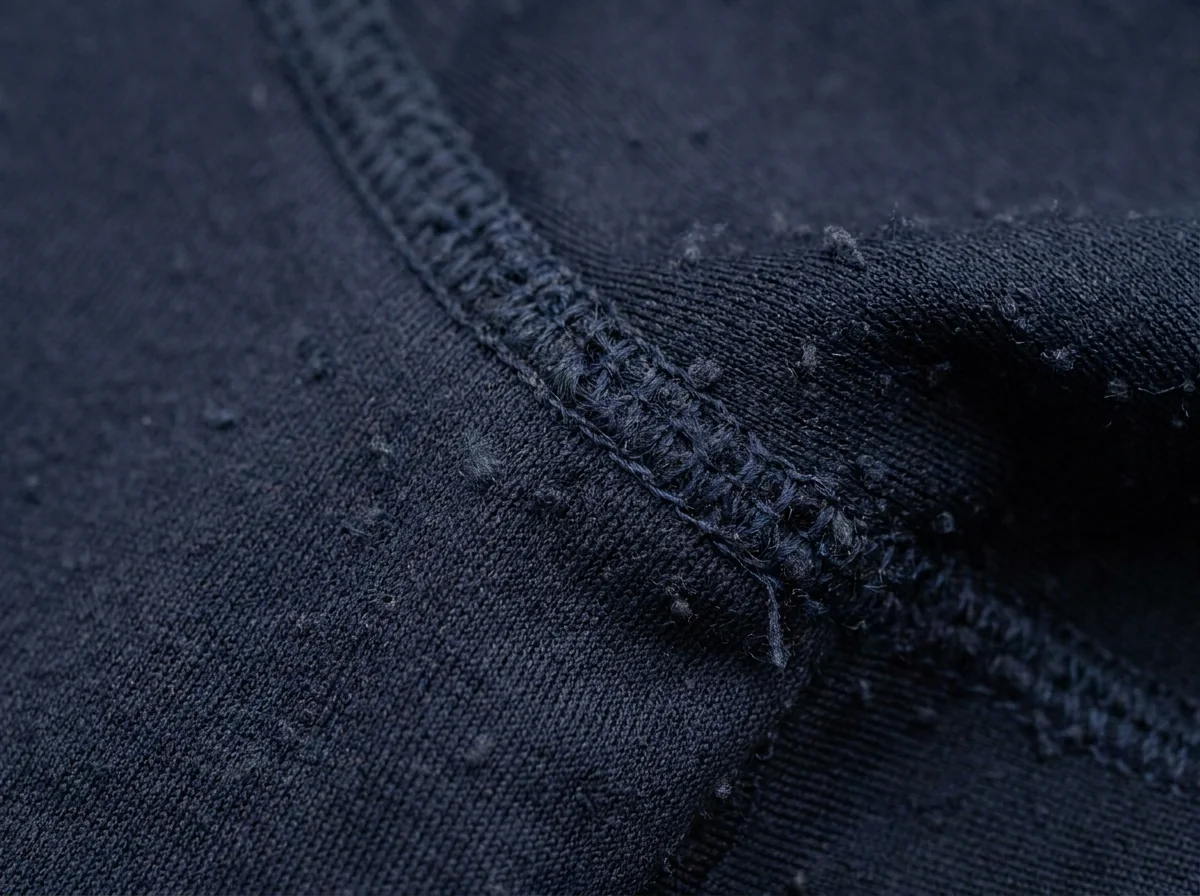 The same saddle contact seam after a season, the surface pilled and thinning alongside the stitch line