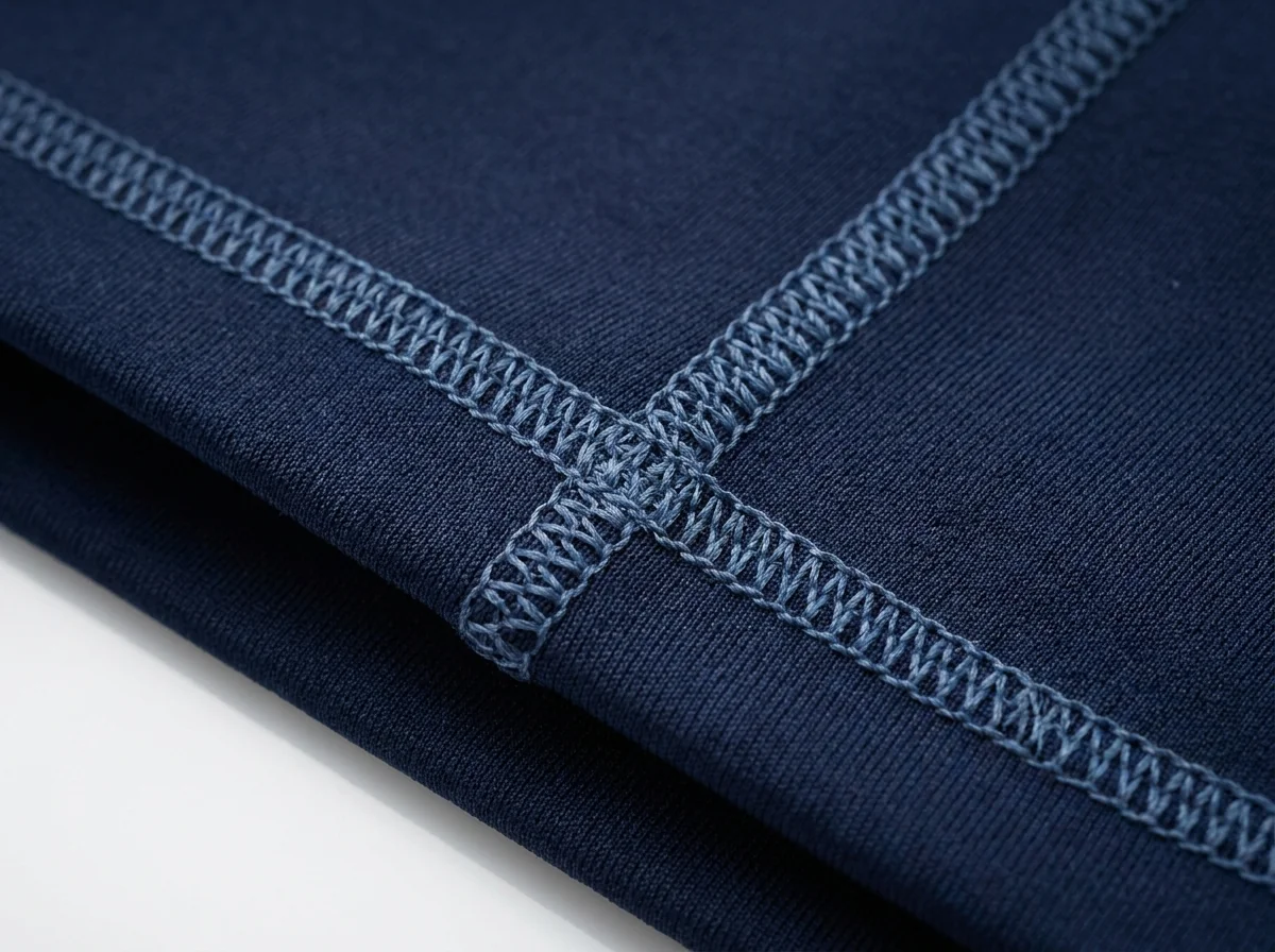 Flatlocked saddle contact seam on new navy fabric, stitching intact