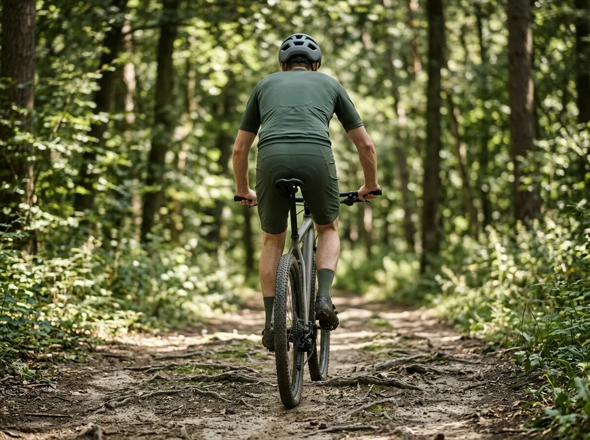 Rider upright on a rough forest trail, absorbing large abrupt movements through the bike