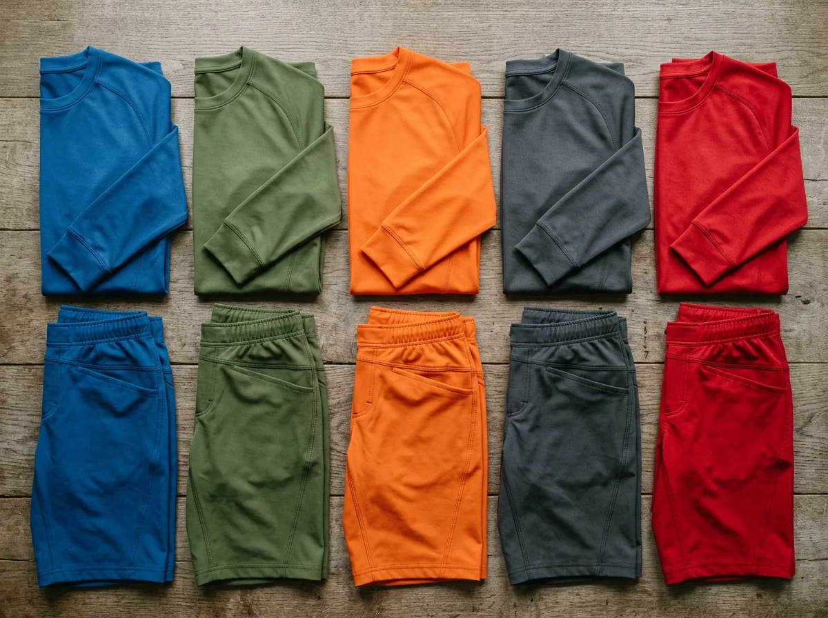 Flat lay of folded MTB jerseys and shorts in a range of colorways representing a finished apparel collection