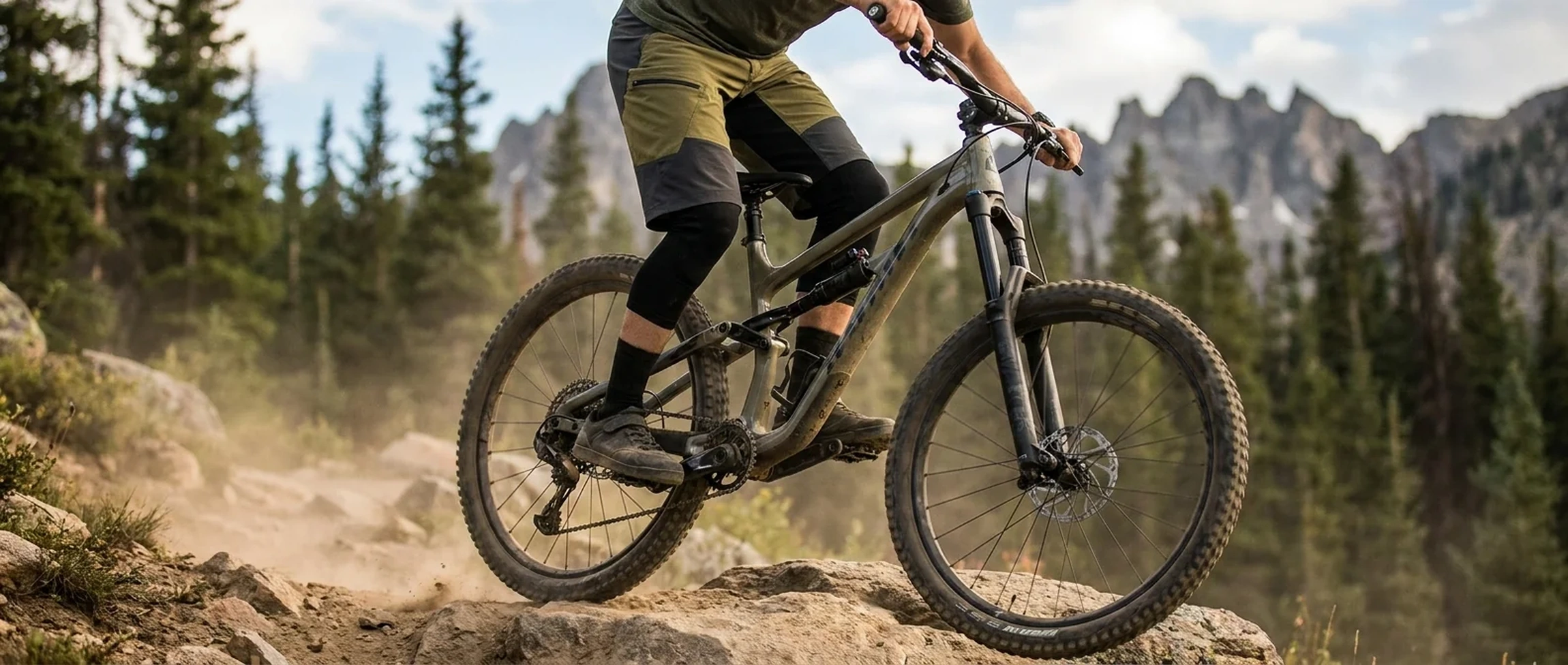 Mountain biker riding a technical trail wearing custom MTB shorts