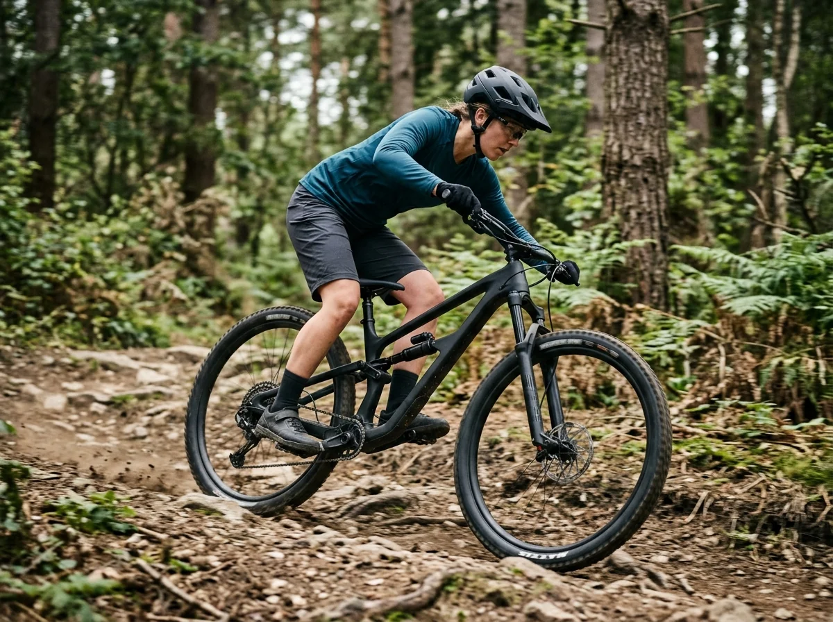 Mountain bike rider in a dynamic forward-leaning position navigating a bumpy singletrack trail