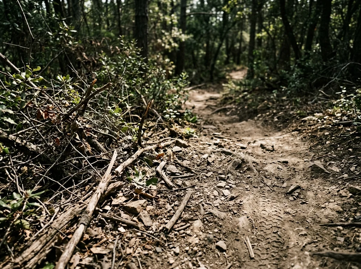 Off-road mountain bike trail with tree branches, brush and dirt creating abrasion risk for apparel