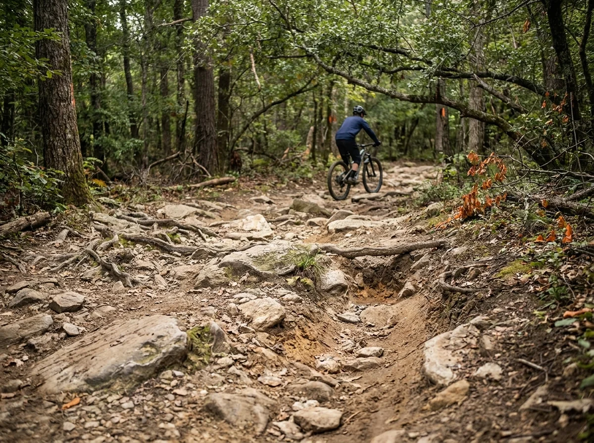 Rocky, root-covered mountain bike trail through a forest with a rider approaching in the distance