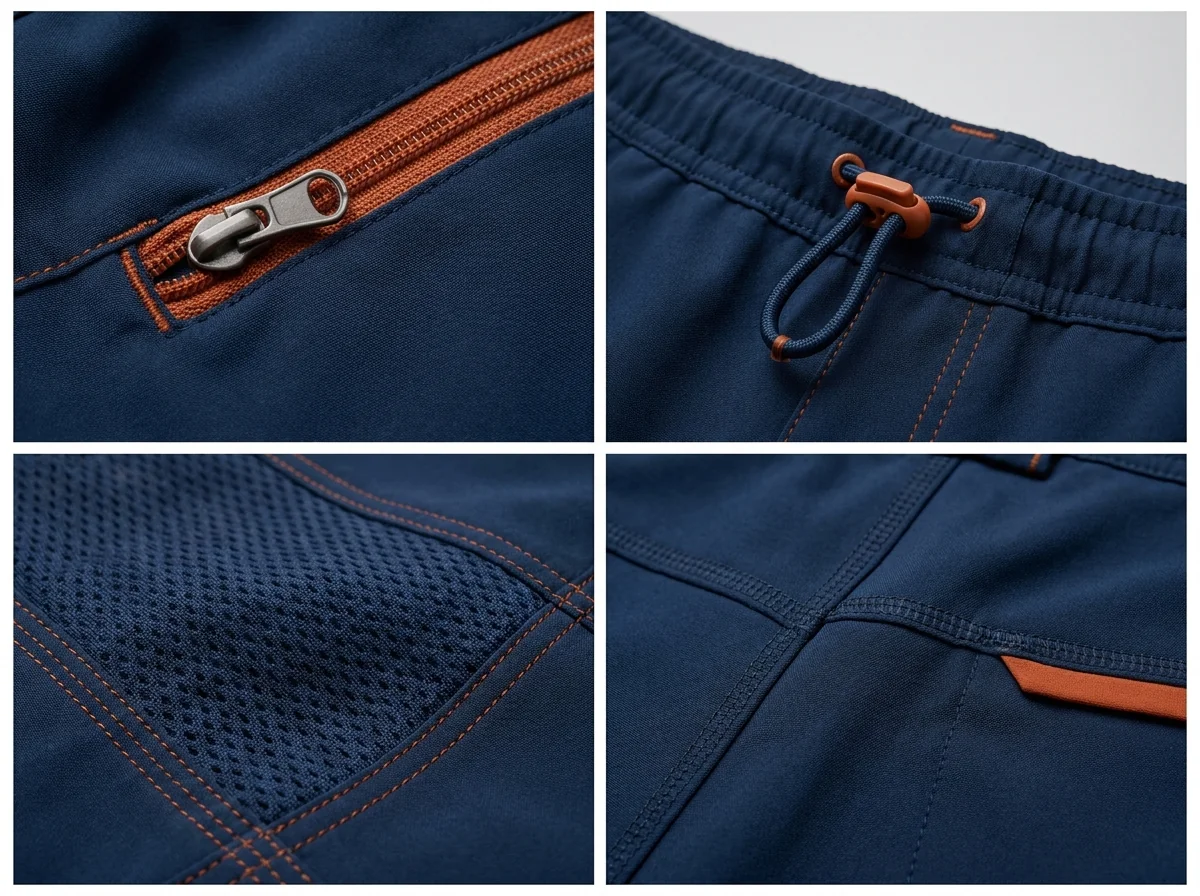 Close-up product detail of a secure zippered pocket, adjustable waist drawcord and ventilation mesh panel on MTB apparel