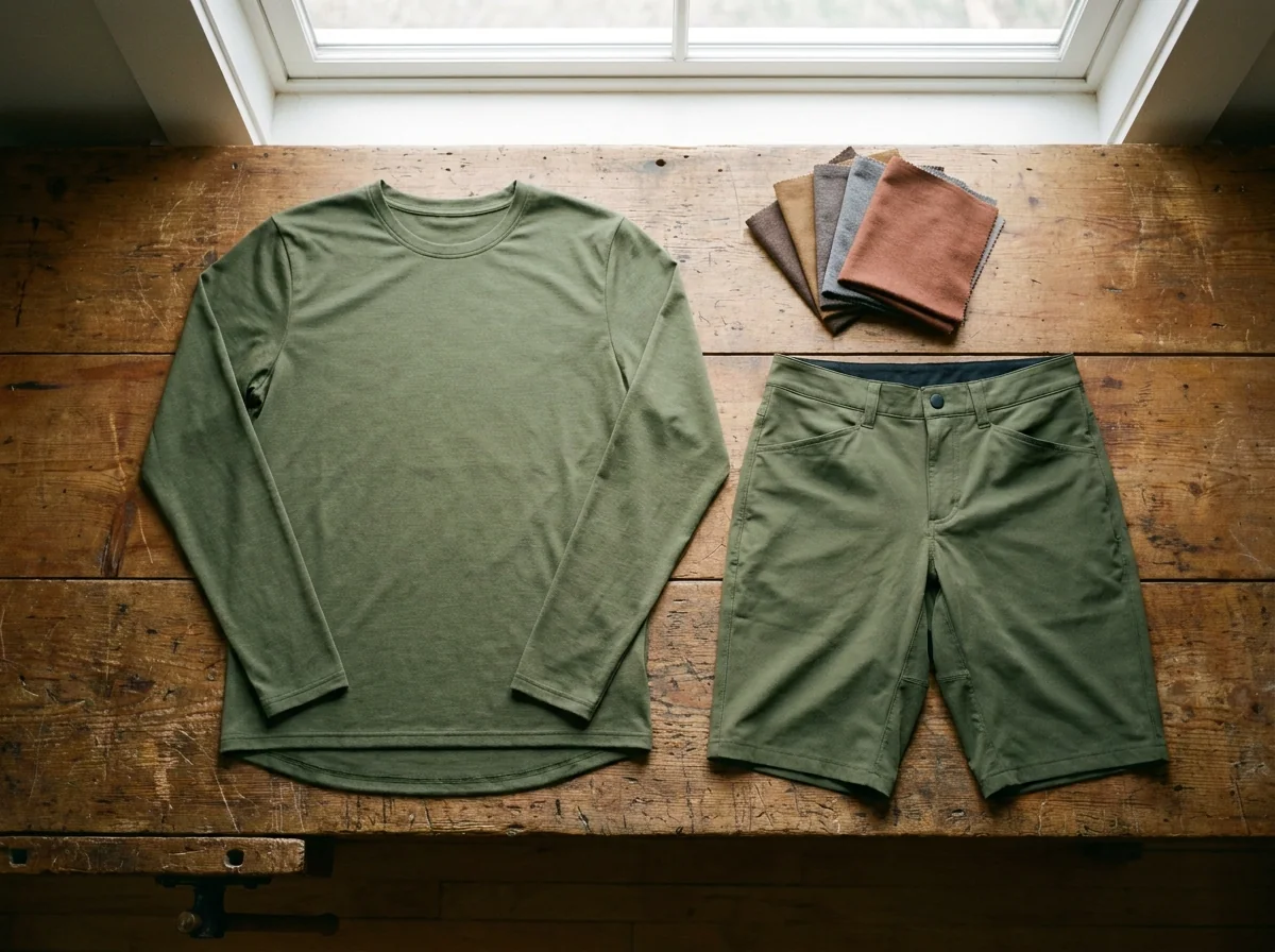Flat lay of an MTB jersey and shorts with fabric swatches, representing product configuration
