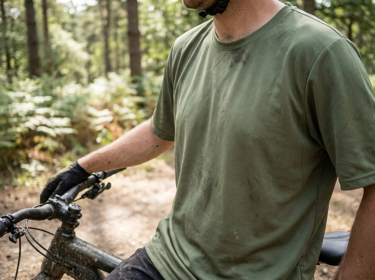 Rider standing over a mountain bike showing the drape and fit of a technical MTB jersey