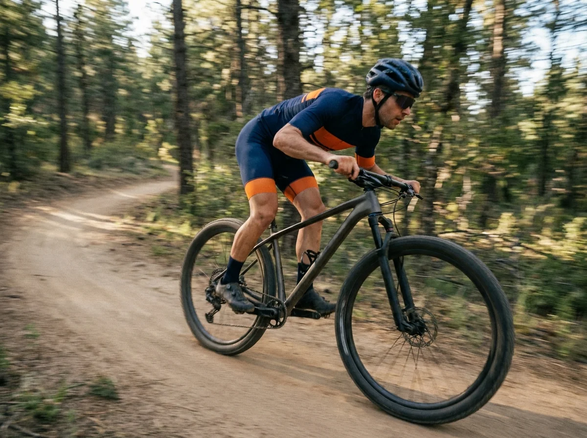 Cyclist racing at high speed in a cross-country mountain bike race wearing a lightweight custom kit