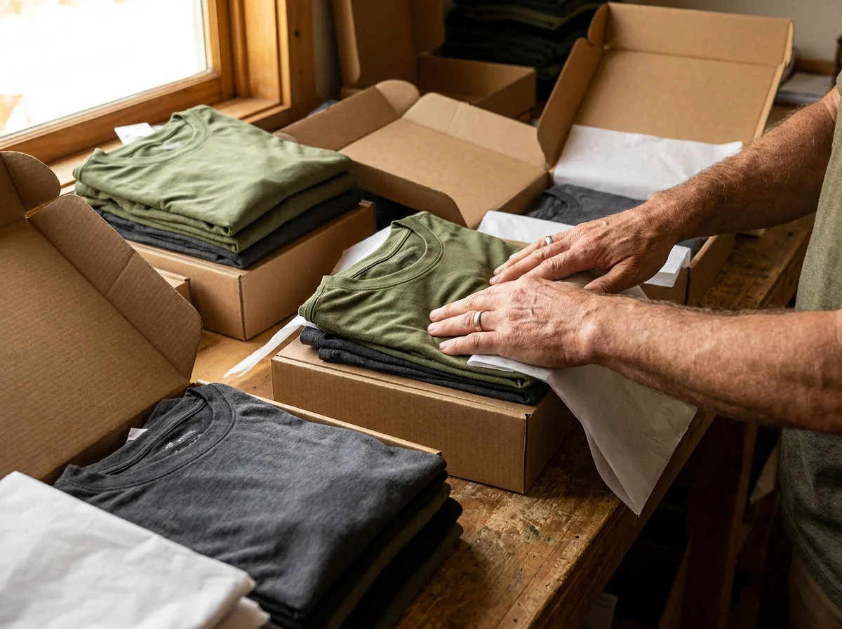 Hands folding and packing finished MTB apparel into boxes on a small packing table